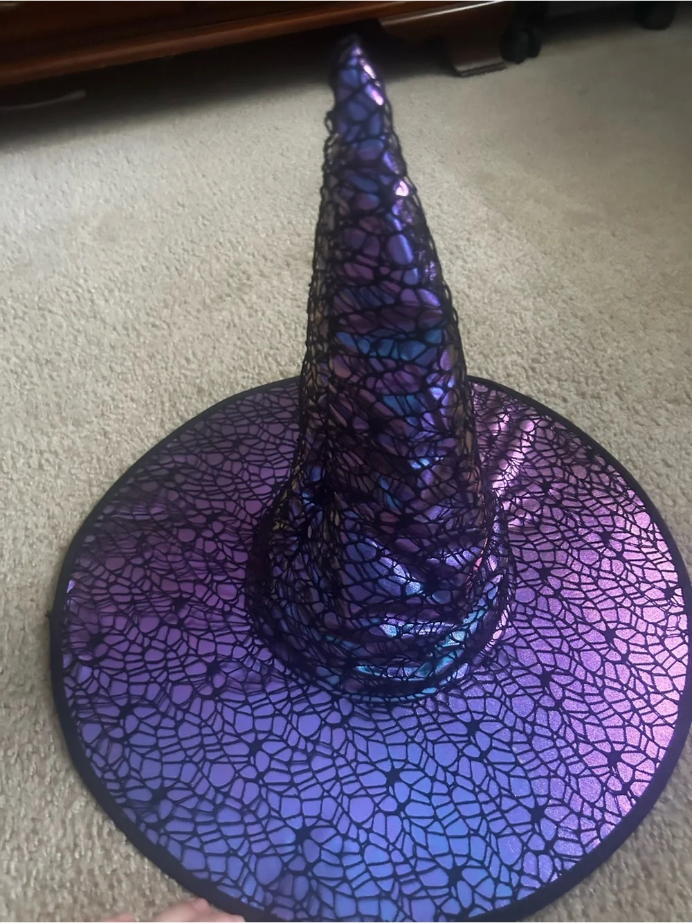 Spirit Halloween Iridescent Purple Blue Witch Hat Black Lace Spiderweb